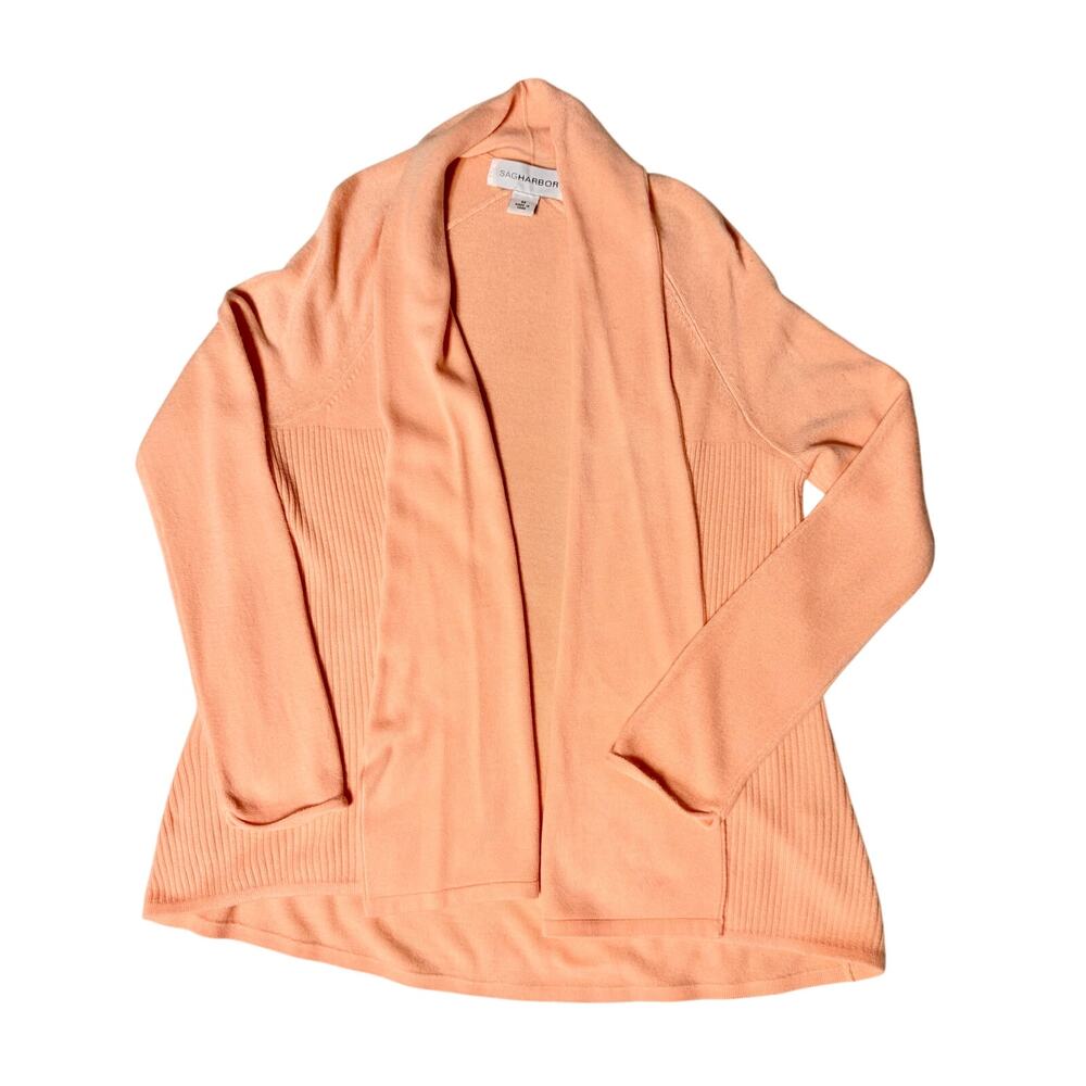 Sag Harbor Peach Open-Front Knit Cardigan Size M Ribbed Side Panels Soft Acrylic